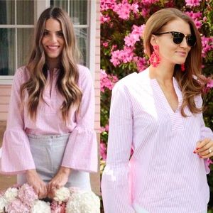 J. Crew Striped Bell Sleeve Blouse Pink/White